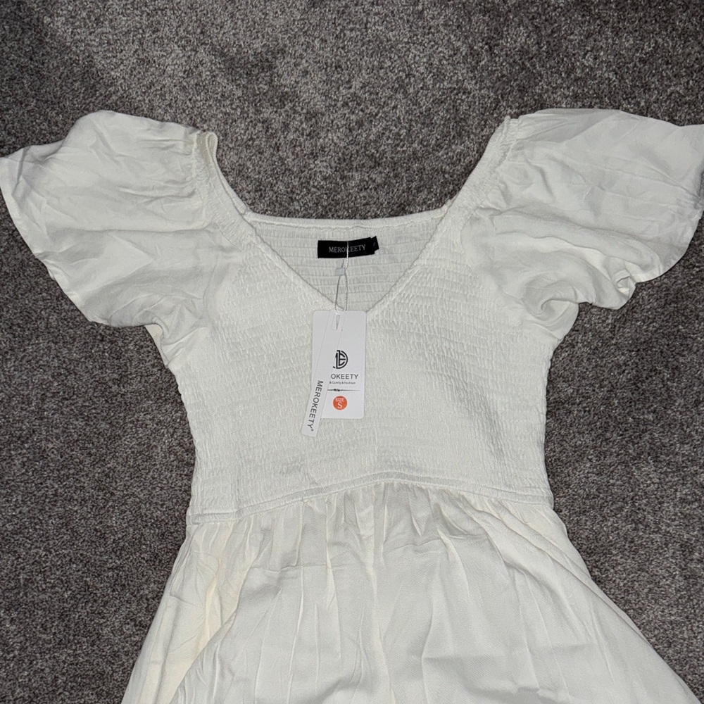White Smocked Dress with Puff Sleeves